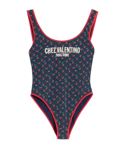 Valentino Garavani Lycra Swimsuit With Cherryfic Print In Blue