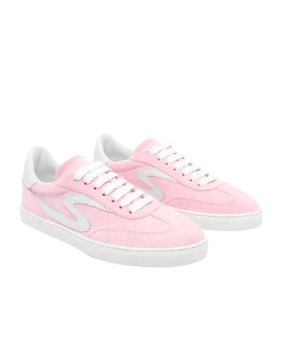 Stuart Weitzman Round Toe Suede Sneakers With Contrast Heel In White