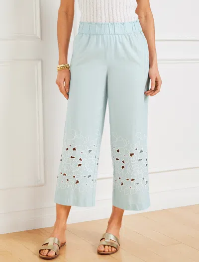 Talbots Plus Petite - Wide Crop Pull-on Embroidered Washed Linen Pants - Soft Blue - 1x  In Soft Blue
