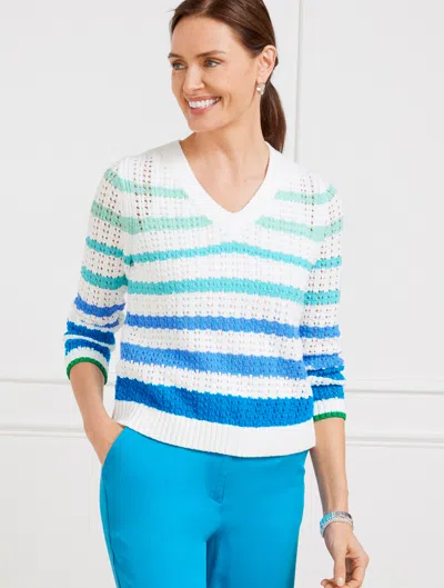 Talbots Plus Petite - Open Stitch V-neck Pullover Sweater - Multi Stripe - Deep Sea Blue/white - 1x - 100% C In Deep Sea Blue,white