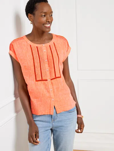 Talbots Plus Petite - Pintuck Linen Top - Hot Orange/white - 3x  In Hot Orange,white