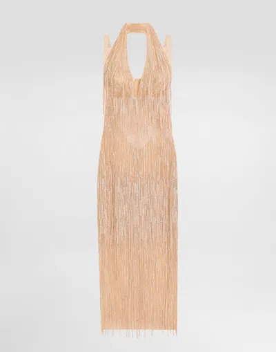 Dolce & Gabbana Calf-length Dress With Sequined Fringe Embellishment In Multicolor