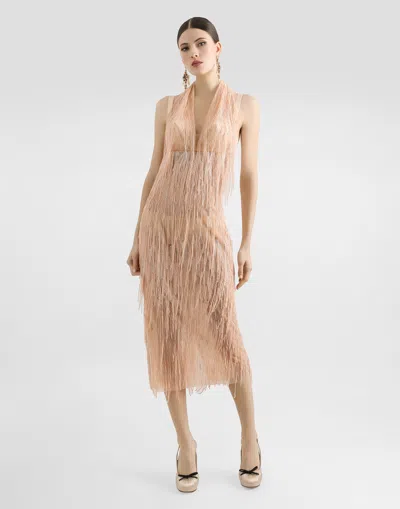Dolce & Gabbana Calf-length Dress With Sequined Fringe Embellishment In Multicolor
