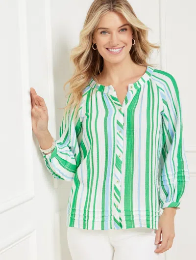 Talbots Plus Size - Pintuck Button Front Top - Cruise Stripe - Bright Green - 3x  In Bright Green