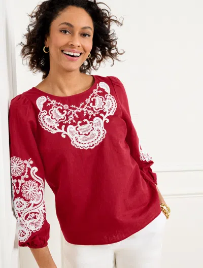 Talbots Plus Size - Embroidered Linen Cotton Top - Sangria - 2x  In Sangria