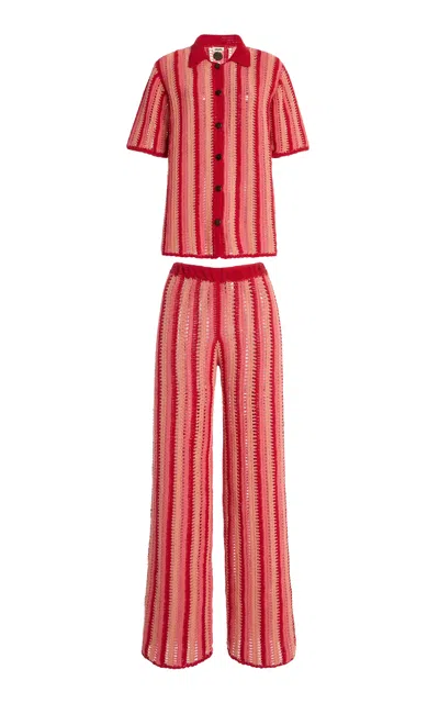 Akoia Swim Exclusive Riviera Striped Cotton-crochet Pant Set In Red