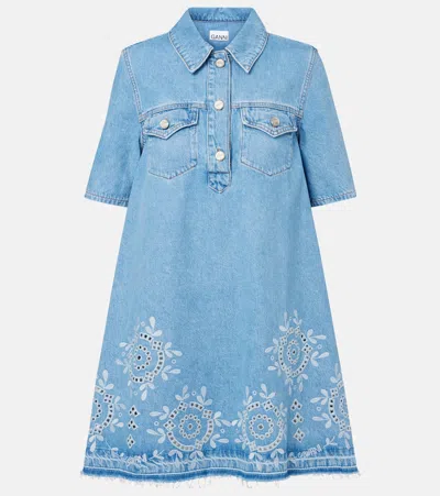 Ganni Denim Dress With Embroidered Hem And Pockets In Blue