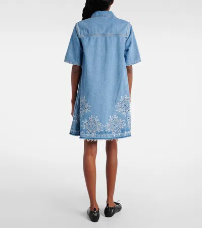 Ganni Denim Dress With Embroidered Hem And Pockets In Blue