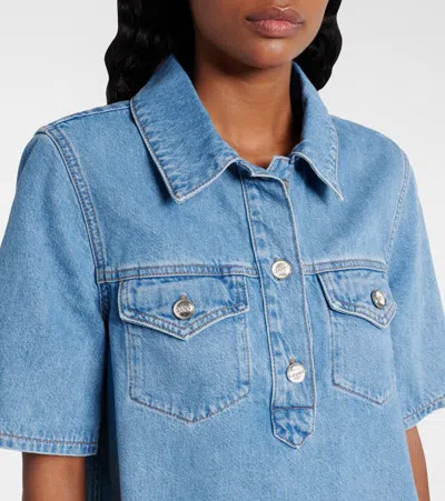 Ganni Denim Dress With Embroidered Hem And Pockets In Blue