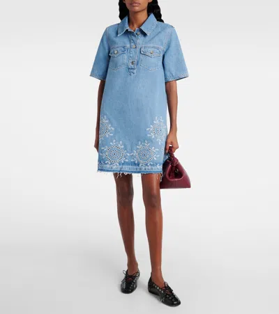 Ganni Denim Dress With Embroidered Hem And Pockets In Blue