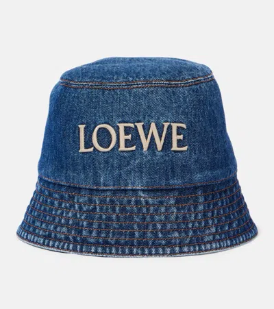 Loewe Denim Bucket Hat With Logo Embroidery In Blue
