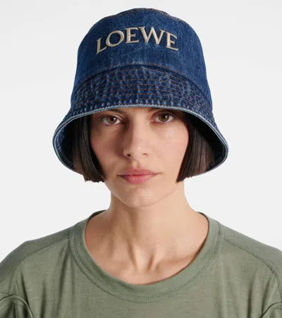 Loewe Denim Bucket Hat With Logo Embroidery In Blue