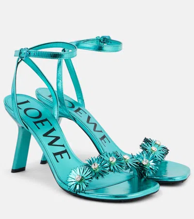 Loewe X Paula's Ibiza Calfskin Flower Heeled Sandals 90 In Blue