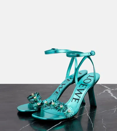 Loewe X Paula's Ibiza Calfskin Flower Heeled Sandals 90 In Blue