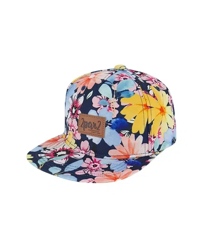 Deux Par Deux Girls' Printed Flowers Cap - Baby In Navy And Yellow And Pink Flowers