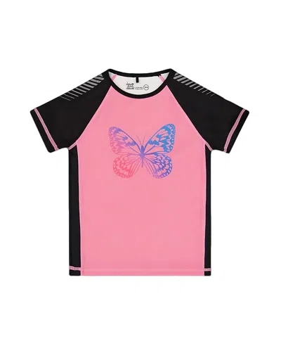 Deux Par Deux Little Girl's Printed Short Sleeve Athletic Top Pink With Butterflies In Pink And Butterflies Printed