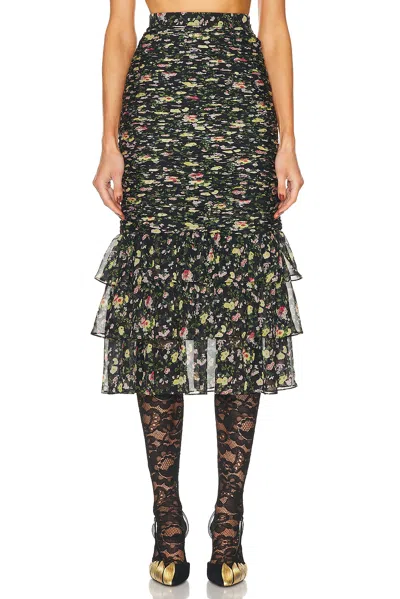 Valentino Ruched Flower Print Midi Skirt With Ruffle Hem In Nero & Multicolor