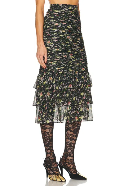 Valentino Ruched Flower Print Midi Skirt With Ruffle Hem In Nero & Multicolor