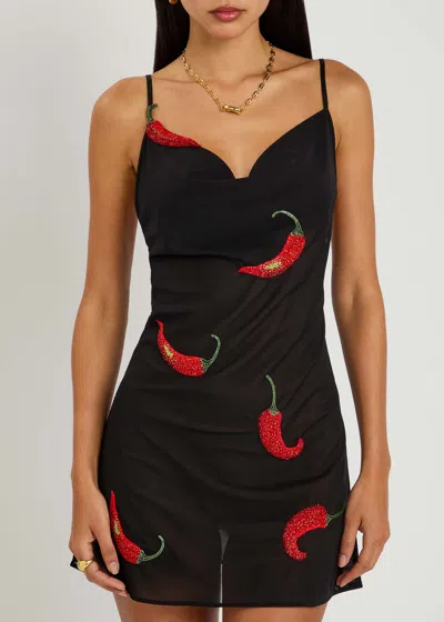 Leslie Amon Spicy Bead-embellished Mesh Mini Dress In Black