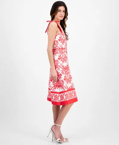 Anne Klein Women's Printed Bow-shoulder Border-hem Midi Dress In Hibiscus Red,white