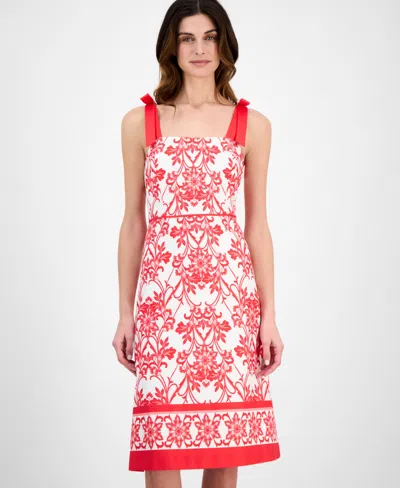 Anne Klein Women's Printed Bow-shoulder Border-hem Midi Dress In Hibiscus Red,white