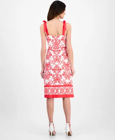 Anne Klein Women's Printed Bow-shoulder Border-hem Midi Dress In Hibiscus Red,white
