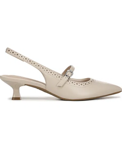 Lifestride Women's Marilyn Pointed Toe Kitten Heel Slingback Pumps In Cream Beige Faux Leather
