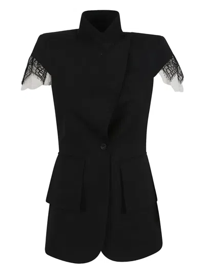 Alexander Mcqueen Asymmetrical Tailored Jacket With Lace Detailing In Black