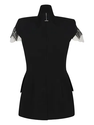 Alexander Mcqueen Asymmetrical Tailored Jacket With Lace Detailing In Black