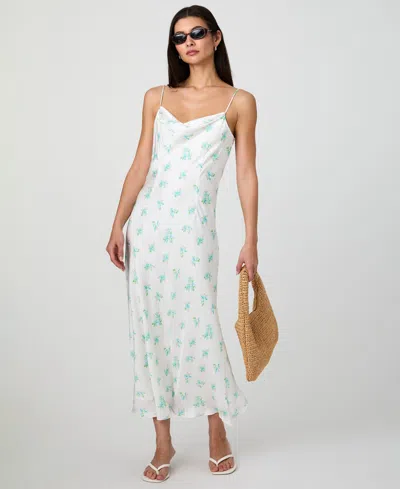 French Connection Anna Fleur Satin Maxi Dress In Summer White,pastel Turquoise Multi Prin