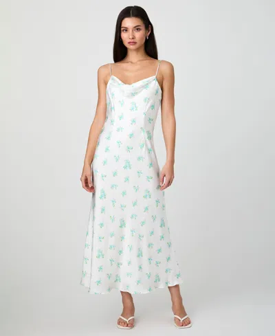 French Connection Anna Fleur Satin Maxi Dress In Summer White,pastel Turquoise Multi Prin