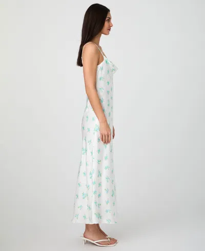 French Connection Anna Fleur Satin Maxi Dress In Summer White,pastel Turquoise Multi Prin