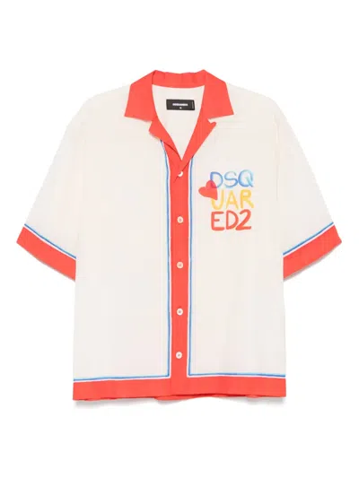 Dsquared2 White Bowling Shirt With Cuban Collar And Printed Logo On The Front In Neutrals