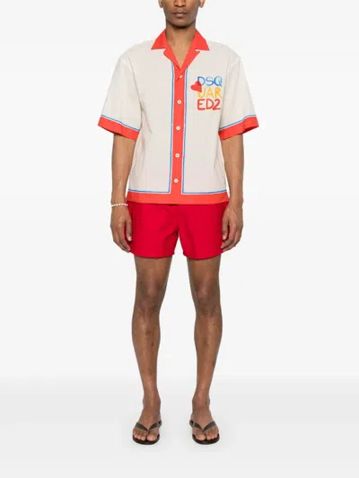 Dsquared2 White Bowling Shirt With Cuban Collar And Printed Logo On The Front In Neutrals