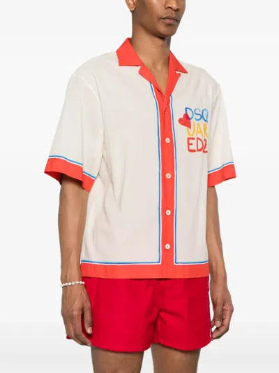 Dsquared2 White Bowling Shirt With Cuban Collar And Printed Logo On The Front In Neutrals