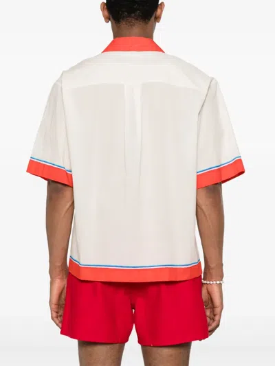 Dsquared2 White Bowling Shirt With Cuban Collar And Printed Logo On The Front In Neutrals