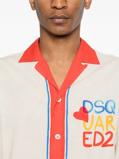 Dsquared2 White Bowling Shirt With Cuban Collar And Printed Logo On The Front In Neutrals