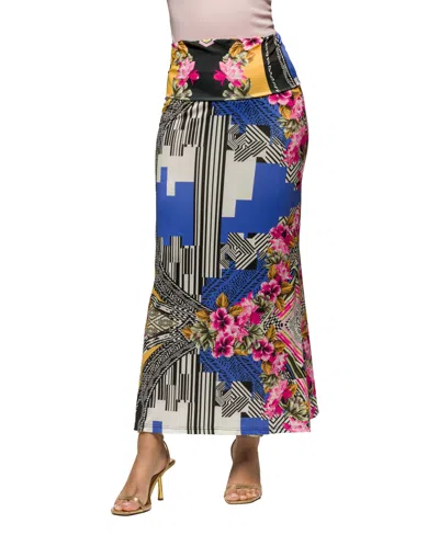 24seven Comfort Apparel Print Foldover Waist Maxi Skirt In Blue