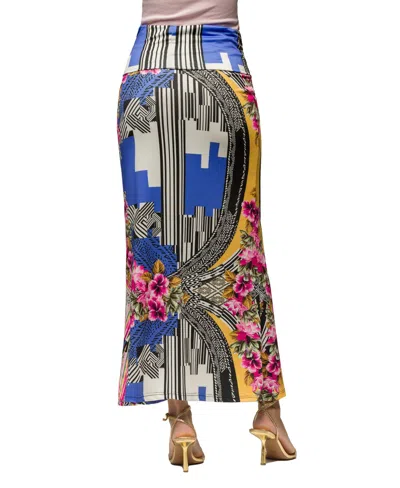 24seven Comfort Apparel Print Foldover Waist Maxi Skirt In Blue