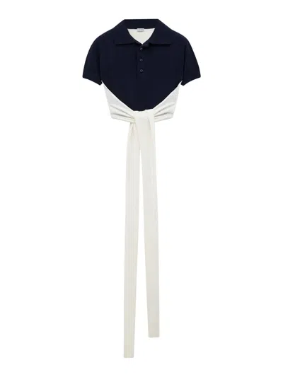 Loewe Colorblock Cropped Backless Wool Cashmere Polo Sweater With Self-tie In Blue