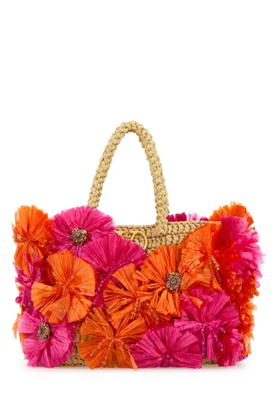 Valentino Embellished Raffia Vlogo Signature Shopping Bag In Multi