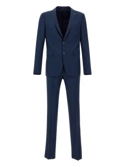 Tagliatore Blue Single-breasted Suit With Notched Revers And Brooch Detail On The Front In Wool Man In Blue