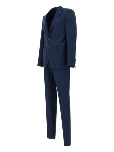 Tagliatore Blue Single-breasted Suit With Notched Revers And Brooch Detail On The Front In Wool Man In Blue