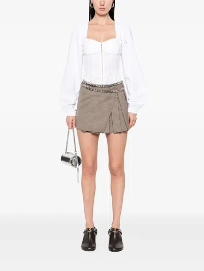 Stella Mccartney Chain Detail Pleated Houndstooth Wool Wrap Miniskirt In Brown