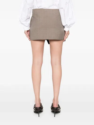 Stella Mccartney Chain Detail Pleated Houndstooth Wool Wrap Miniskirt In Brown