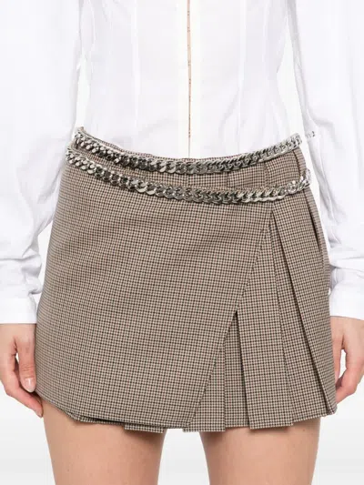 Stella Mccartney Chain Detail Pleated Houndstooth Wool Wrap Miniskirt In Brown