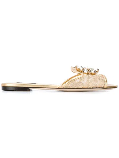 Dolce & Gabbana Rainbow Slides In Gold Lurex Lace With Brooch In Golden