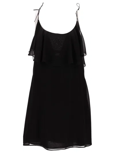 Saint Laurent Mini Dress Silk Spaghetti Straps Ruffle In Black