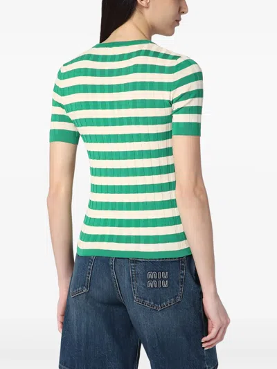 Roberto Collina Striped Cotton Sweater Short Sleeves Crew Neck In Green
