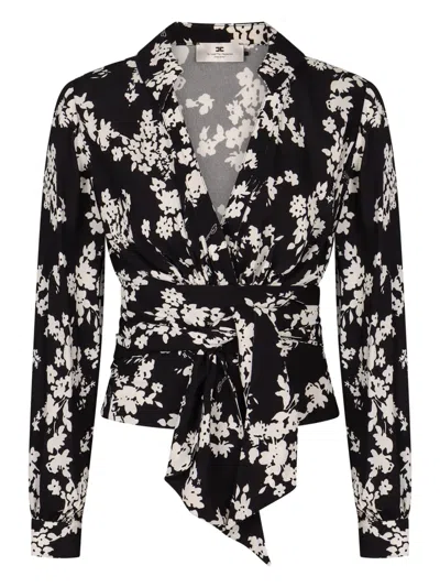 Elisabetta Franchi Georgette Blouse With Floral Pattern And Waist Sash In Schwarz